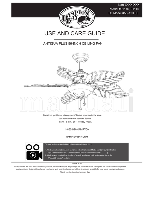 Hampton Bay 91116 91140 56-ANTHL (16 pages) Ceiling Fan Operating Manual