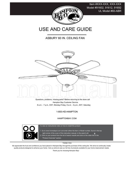 Hampton Bay 91602 91612 91692 60-ABR (38 pages) Ceiling Fan Operating Manual