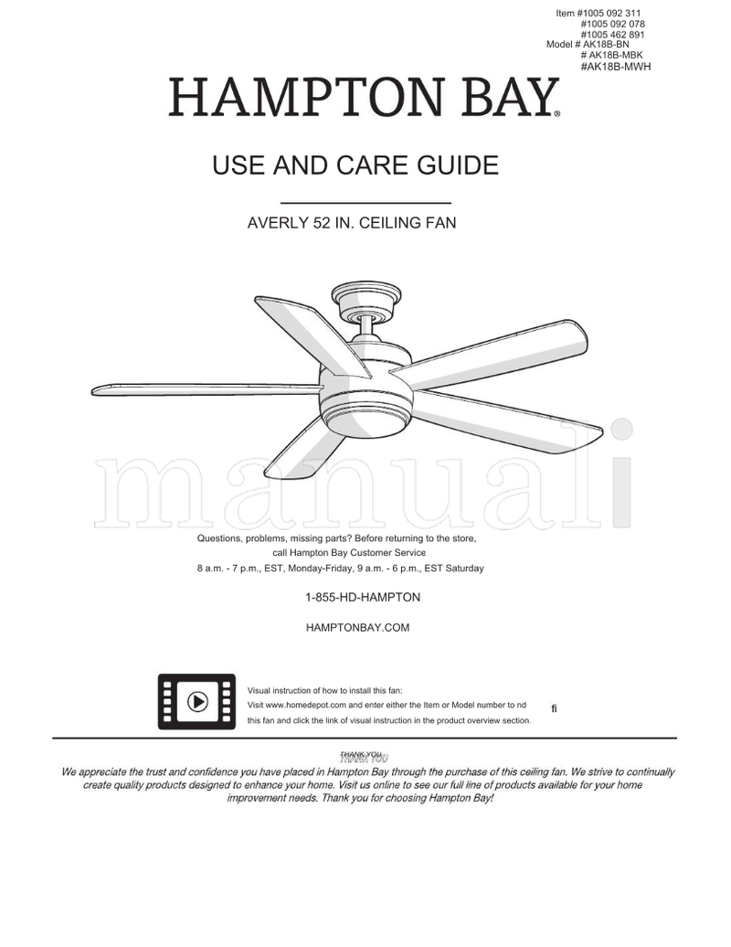 Hampton Bay AK18B-BN AK18B-MBK AK18B-MWH (20 pages) Ceiling Fan Operating Manual