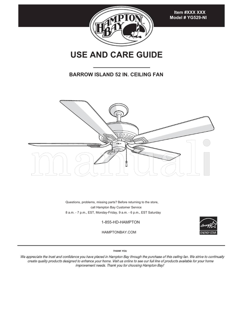 Hampton Bay YG529-NI (20 pages) Ceiling Fan Operating Manual