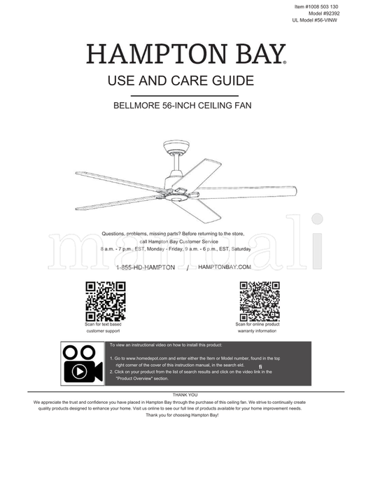 Hampton Bay 56-VINW 92392 (30 pages) Ceiling Fan Operating Manual