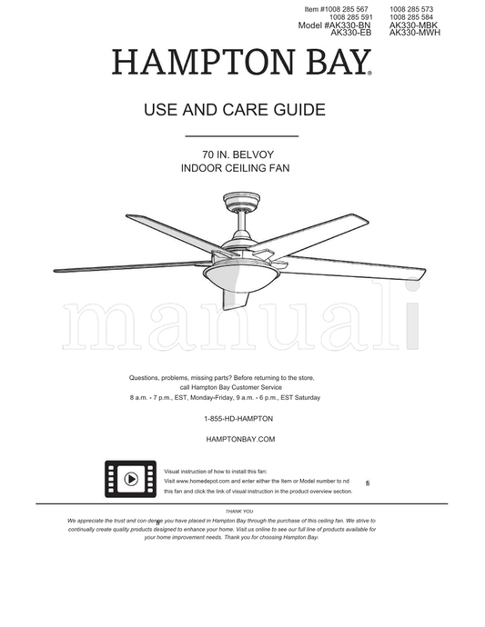 Hampton Bay AK330-BN AK330-EB AK330-MBK AK330-MWH (19 pages) Ceiling Fan Operating Manual