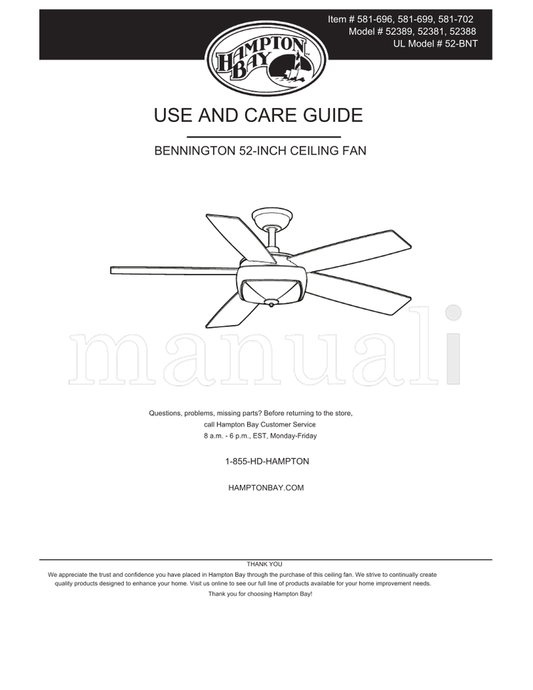 Hampton Bay 52389 52381 52388 52-BNT (28 pages) Ceiling Fan Operating Manual