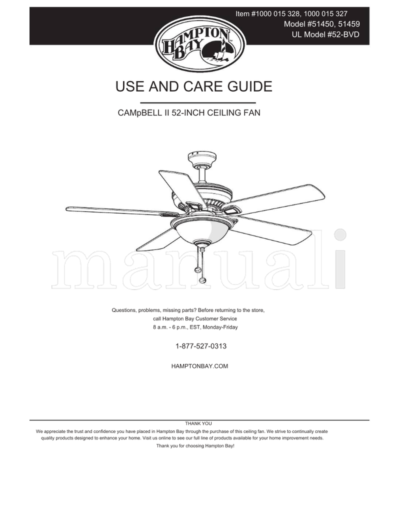 Hampton Bay 51450 51459 52-BVD (28 pages) Ceiling Fan Operating Manual