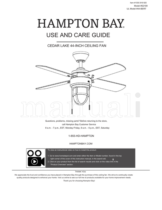 Hampton Bay 52109 44-BERT (16 pages) Ceiling Fan Operating Manual