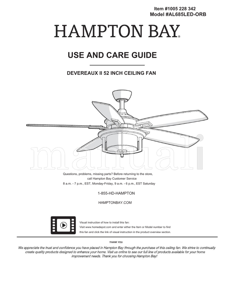 Hampton Bay AL685LED-ORB (20 pages) Ceiling Fan Operating Manual
