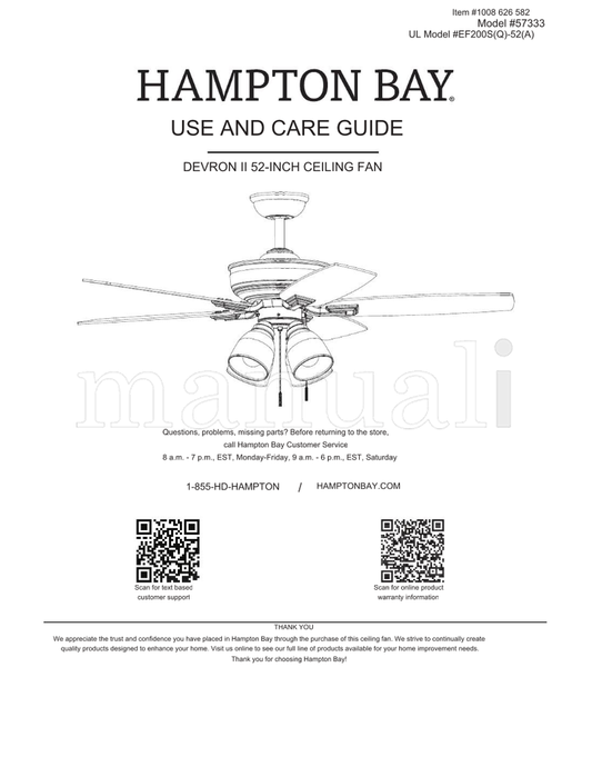 Hampton Bay 57333 EF200S(Q)-52(A) (28 pages) Ceiling Fan Operating Manual