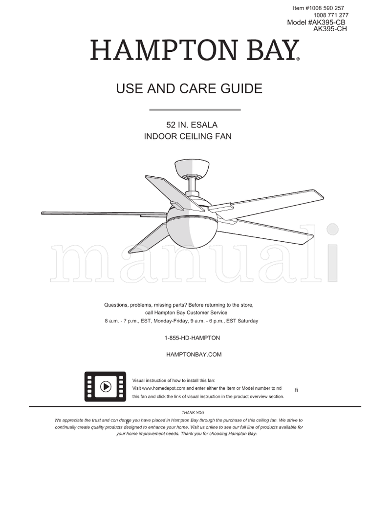 Hampton Bay AK395-CB AK395-CH (19 pages) Ceiling Fan Operating Manual