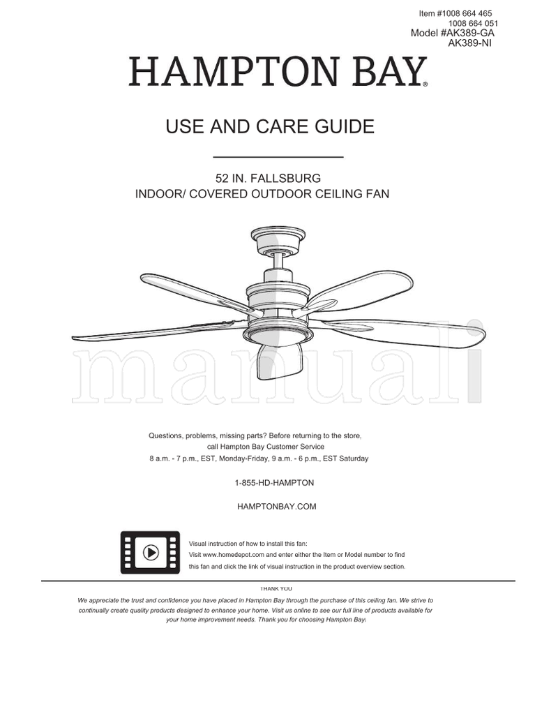 Hampton Bay AK389-GA AK389-NI (18 pages) Ceiling Fan Operating Manual