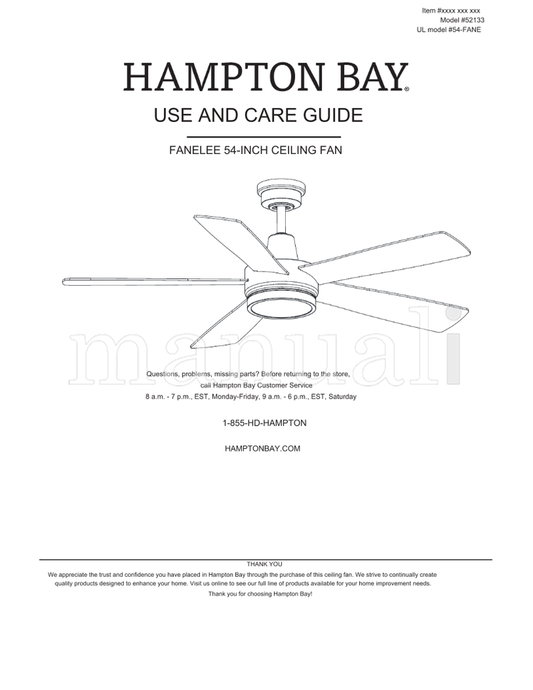 Hampton Bay 52133 54-FANE (16 pages) Ceiling Fan Operating Manual