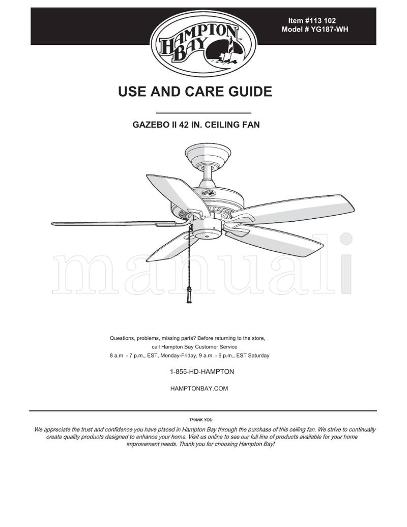 Hampton Bay YG187-WH (19 pages) Ceiling Fan Operating Manual