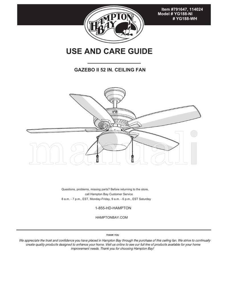 Hampton Bay YG188-NI YG188-WH (20 pages) Ceiling Fan Operating Manual