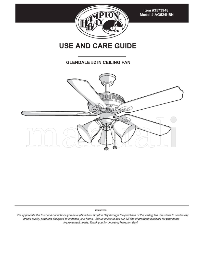 Hampton Bay HAMPTON BAY GLENDALE AG524I-BN (20 pages) Ceiling Fan Operating Manual