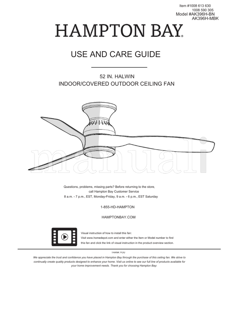 Hampton Bay AK396H-BN AK396H-MBK (16 pages) Ceiling Fan Operating Manual