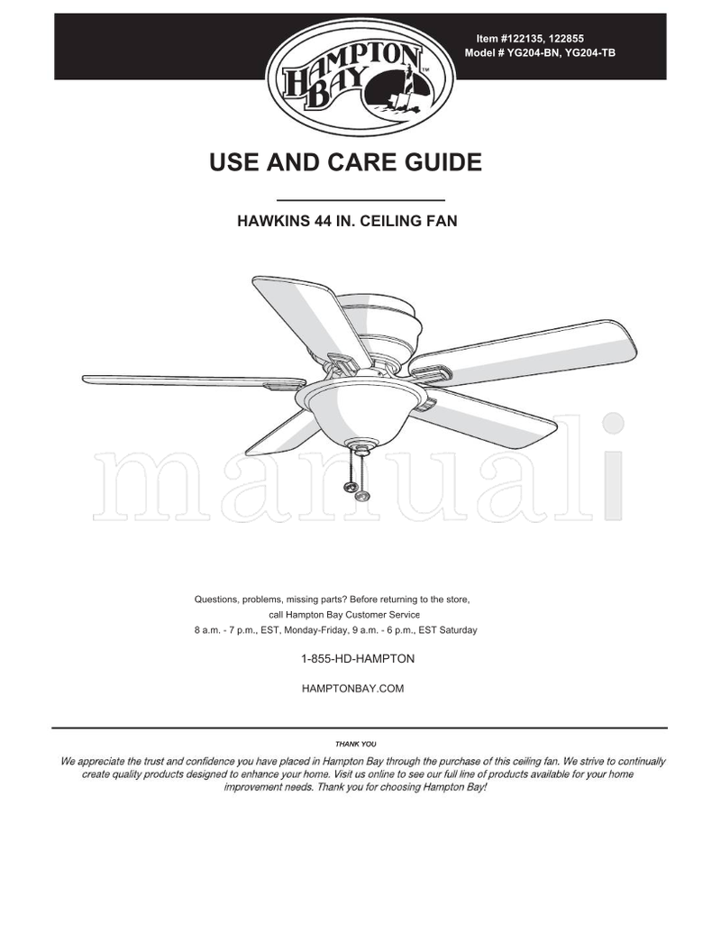 Hampton Bay YG204-BN YG204-TB (18 pages) Ceiling Fan Operating Manual