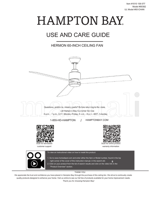 Hampton Bay 60-CHAN 90382 (32 pages) Ceiling Fan Operating Manual