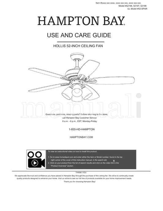 Hampton Bay 52196 52197 52198 52-SPAR (15 pages) Ceiling Fan Operating Manual