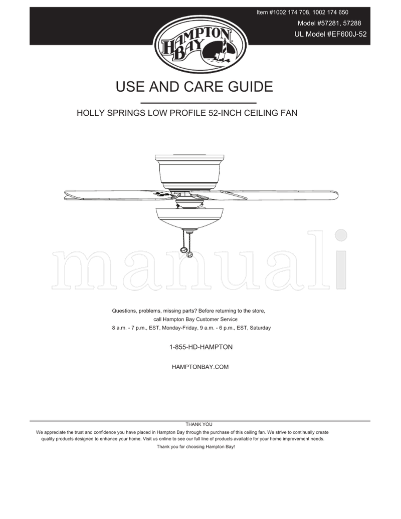 Hampton Bay 57281 57288 EF600J-52 (26 pages) Ceiling Fan Operating Manual