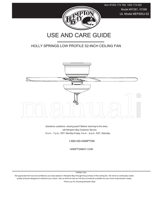 Hampton Bay 57281 57288 EF600J-52 (26 pages) Ceiling Fan Operating Manual