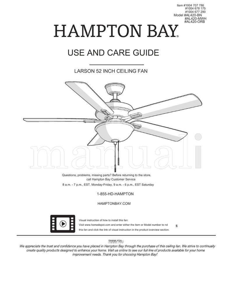 Hampton Bay AL420-BN AL420-MWH AL420-ORB (21 pages) Ceiling Fan Operating Manual
