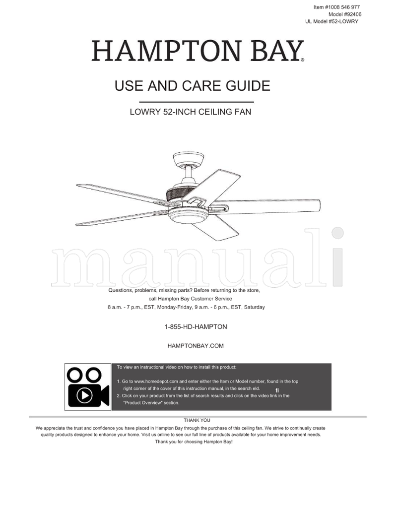 Hampton Bay 92406 52-LOWRY (36 pages) Ceiling Fan Operating Manual