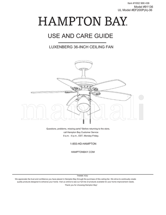 Hampton Bay 91136 (30 pages) Ceiling Fan Operating Manual