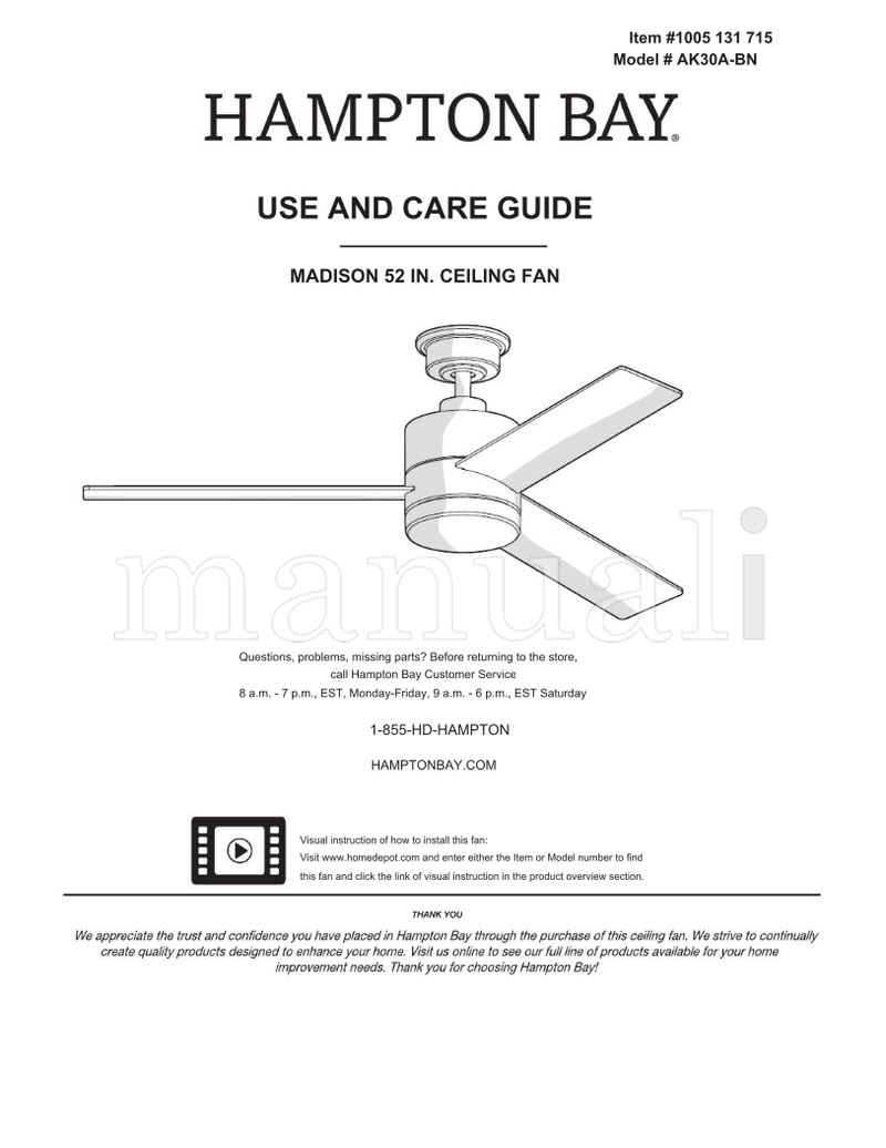 Hampton Bay AK30A-BN (22 pages) Ceiling Fan Operating Manual