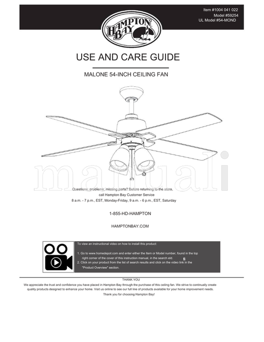 Hampton Bay 59254 54-MOND (28 pages) Ceiling Fan Operating Manual