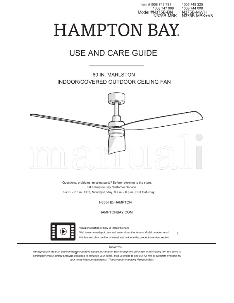 Hampton Bay N375B-BN N375B-MBK N375B-MWH (17 pages) Ceiling Fan Operating Manual
