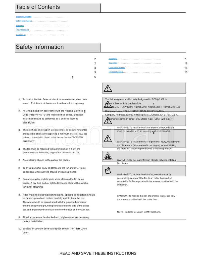 Hampton Bay N375B-BN N375B-MBK N375B-MWH (17 pages) Ceiling Fan Operating Manual