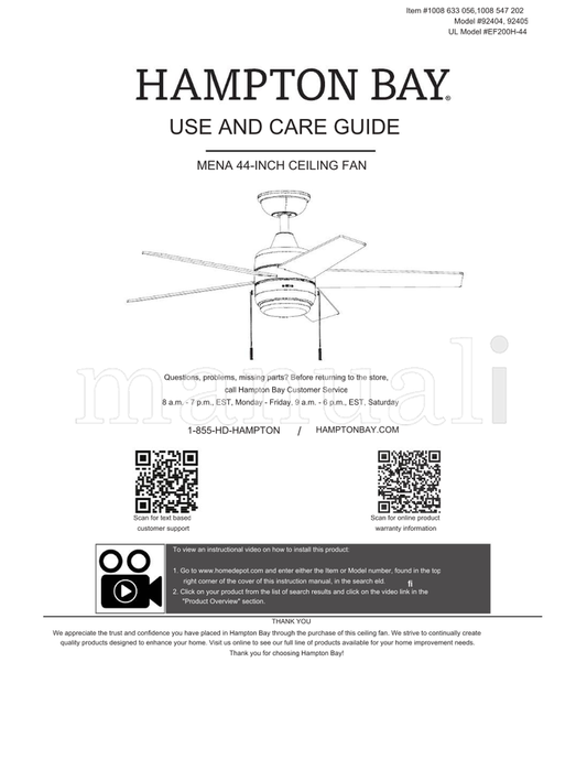 Hampton Bay 92404 92405 EF200H-44 (28 pages) Ceiling Fan Operating Manual