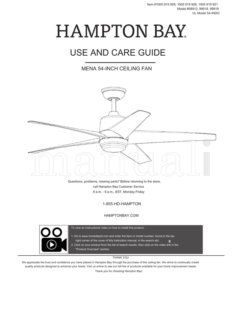 Hampton Bay 58913 99918 99919 54-INDO (15 pages) Ceiling Fan Operating Manual