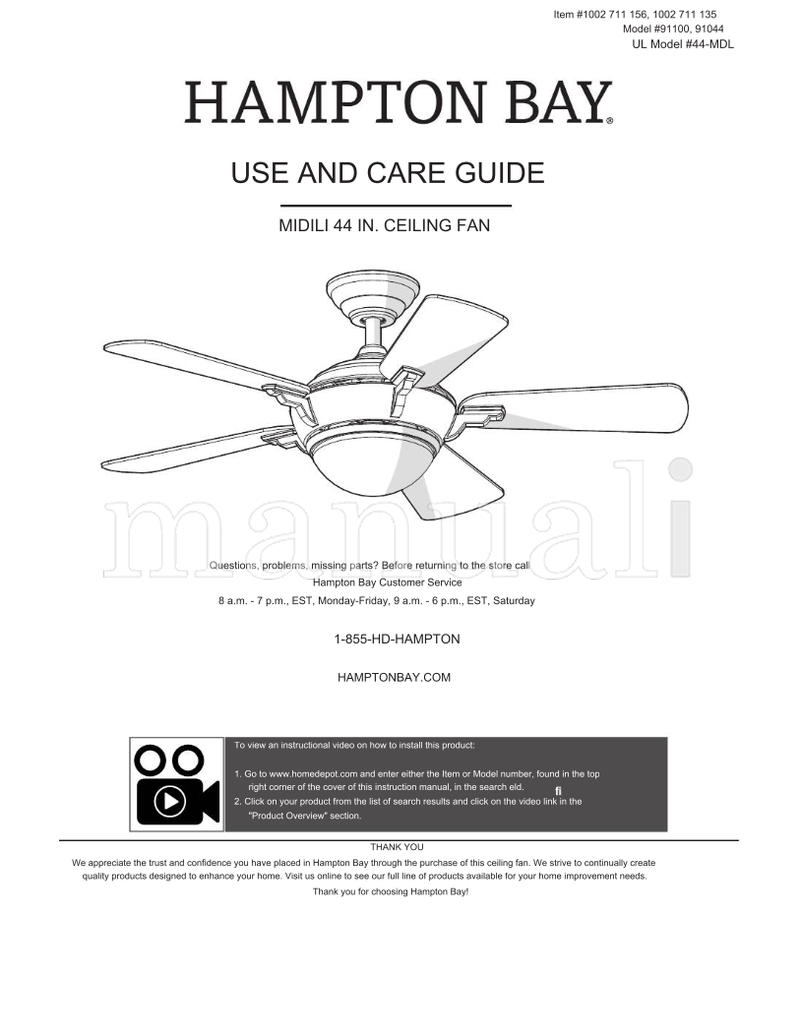 Hampton Bay 91100 91044 (20 pages) Ceiling Fan Operating Manual