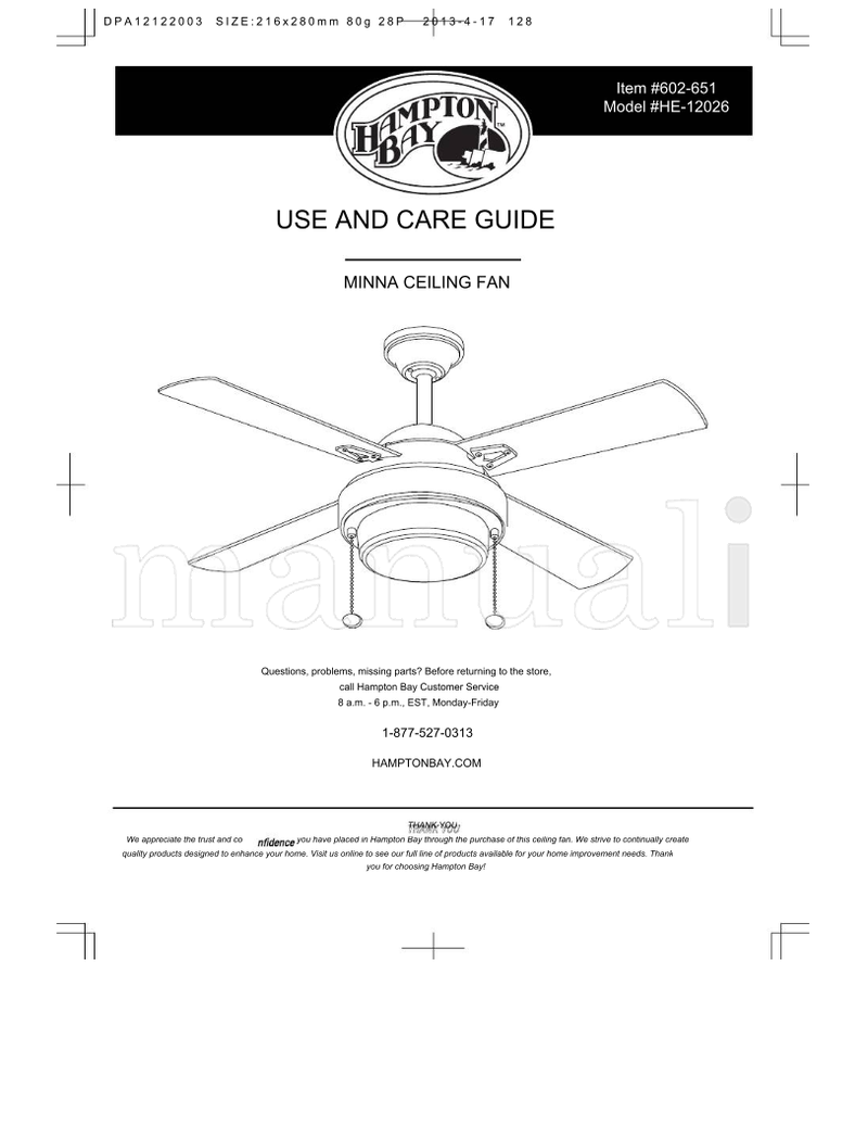Hampton Bay HE-12026 (28 pages) Ceiling Fan Operating Manual