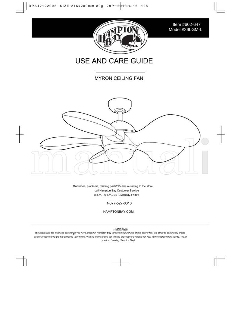 Hampton Bay 36LGM-L (28 pages) Ceiling Fan Operating Manual