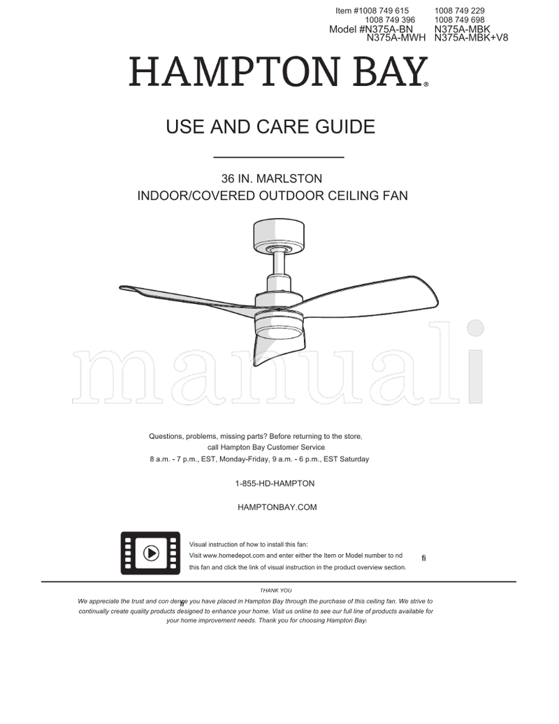 Hampton Bay N375A-BN N375A-MWH N375A-MBK (17 pages) Ceiling Fan Operating Manual