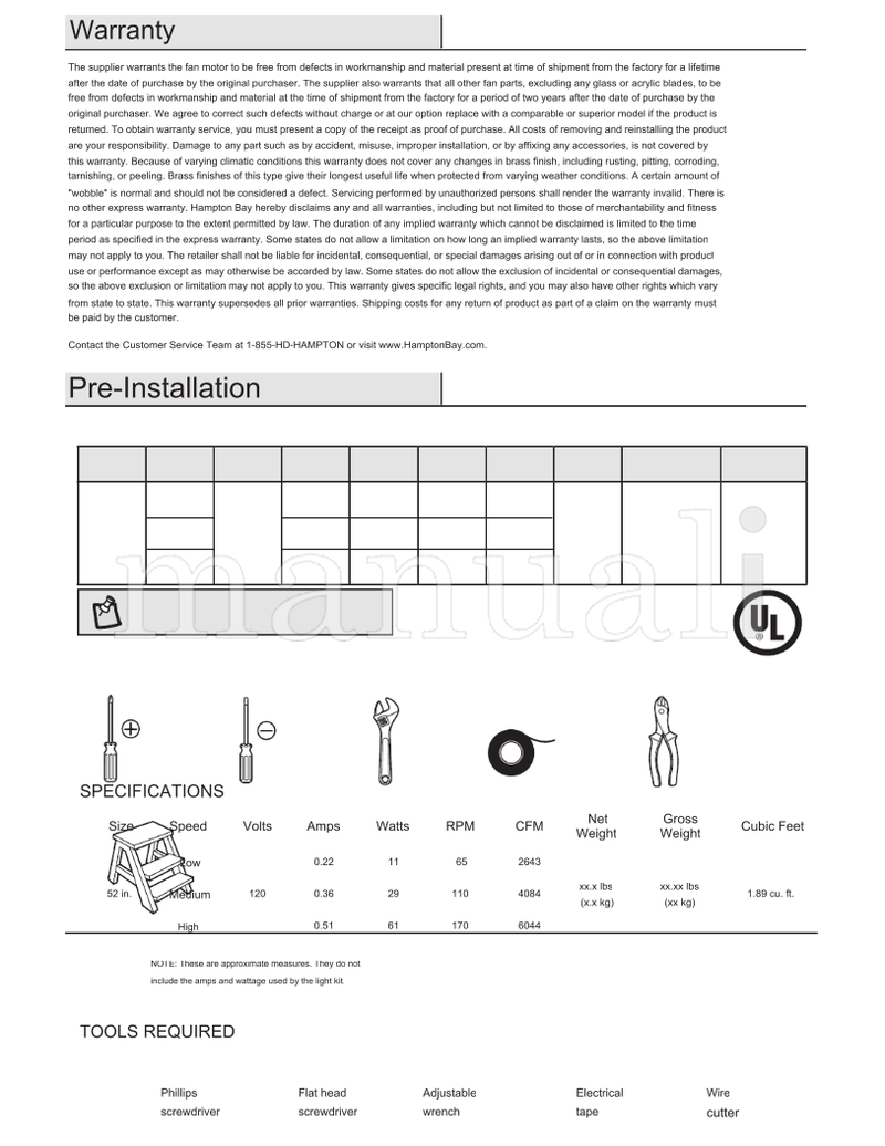 Hampton Bay 52119 52-HASL (16 pages) Ceiling Fan Operating Manual