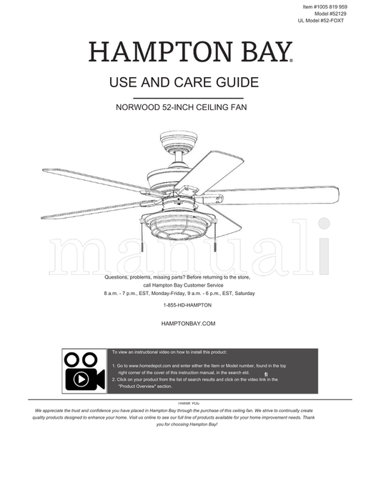 Hampton Bay 52129 52-FOXT (30 pages) Ceiling Fan Operating Manual