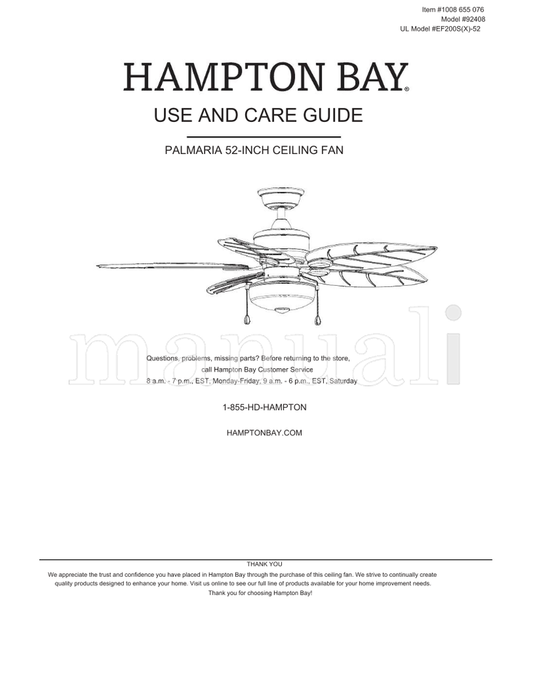 Hampton Bay 92408 EF200S(X)-52 (34 pages) Ceiling Fan Operating Manual