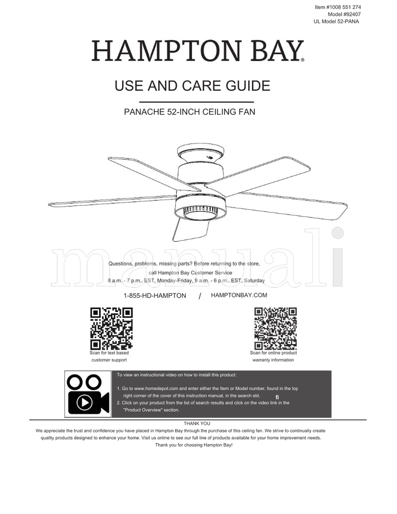 Hampton Bay 52-PANA 92407 (30 pages) Ceiling Fan Operating Manual