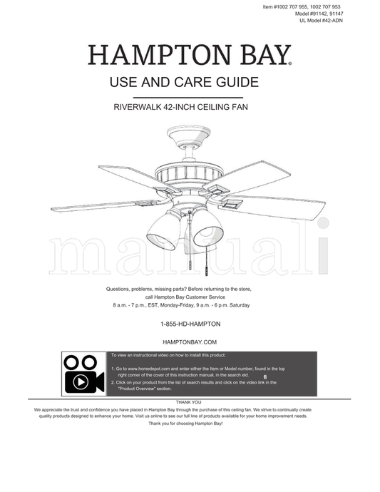 Hampton Bay 91142 91147 (30 pages) Ceiling Fan Operating Manual