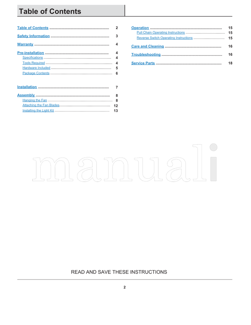 Hampton Bay YG216-MWH YG216-NI (19 pages) Ceiling Fan Operating Manual