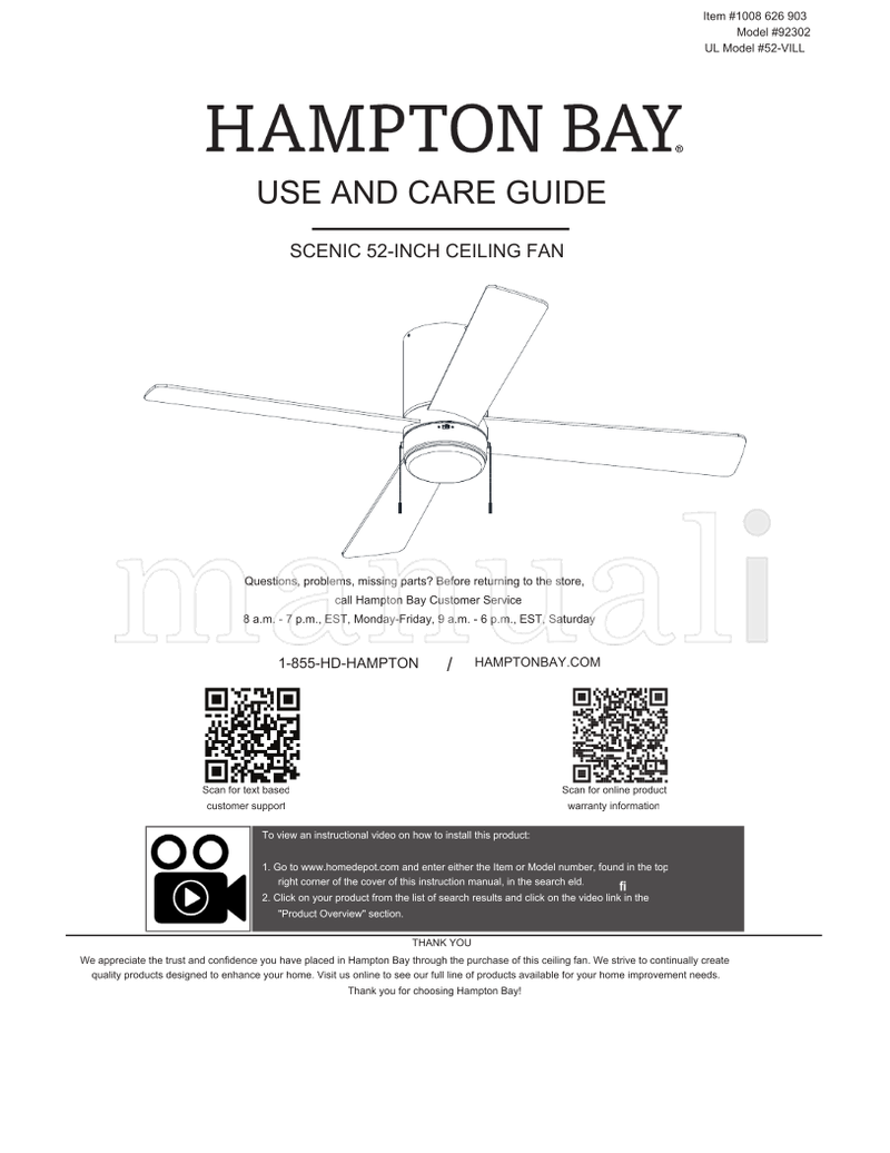 Hampton Bay 52-VILL 92302 (26 pages) Ceiling Fan Operating Manual