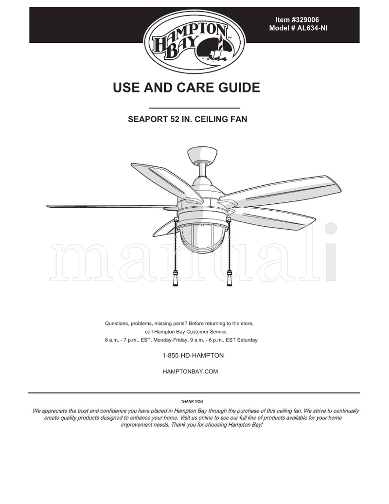 Hampton Bay AL634-NI (19 pages) Ceiling Fan Operating Manual