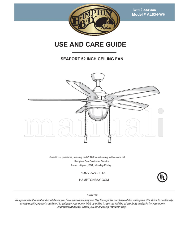Hampton Bay AL634-WH (20 pages) Ceiling Fan Operating Manual