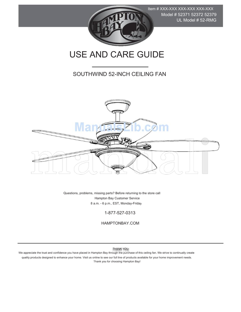 Hampton Bay 52371 52372 52379 52-RMG (16 pages) Ceiling Fan Operating Manual