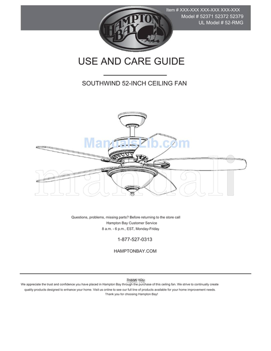 Hampton Bay 52371 52372 52379 52-RMG (16 pages) Ceiling Fan Operating Manual