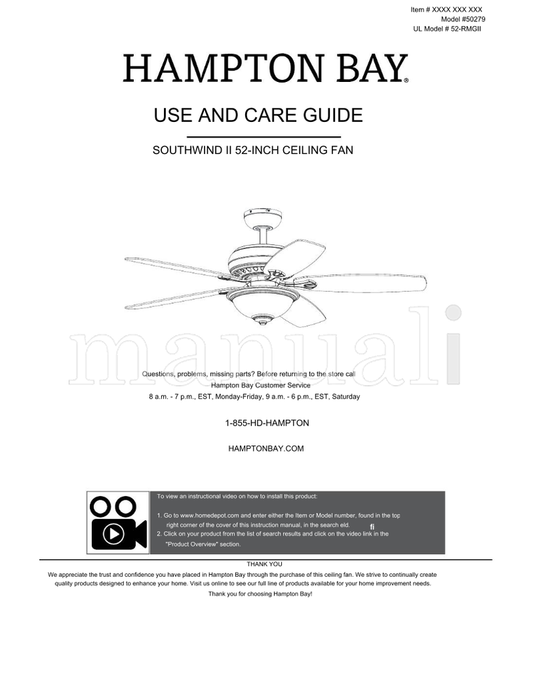 Hampton Bay 50279 52-RMGII (16 pages) Ceiling Fan Operating Manual