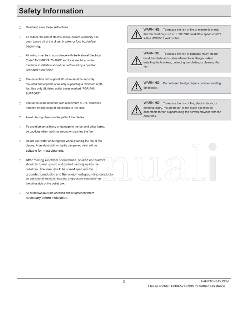 Hampton Bay Ceiling Fan &amp; Lighting Service &amp; Operating Manuals: PDFs ...