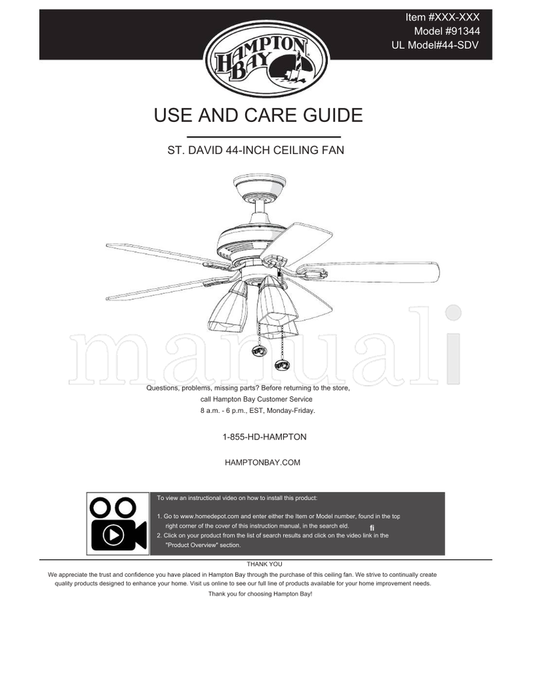 Hampton Bay 91344 (28 pages) Ceiling Fan Operating Manual